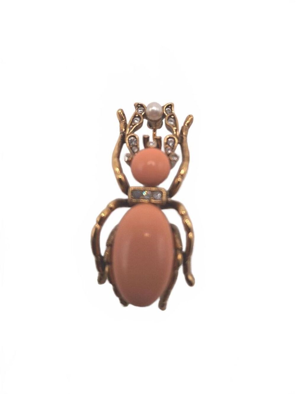 Vintage Joan Rivers brooch insect with coral color stones and white rhinestones